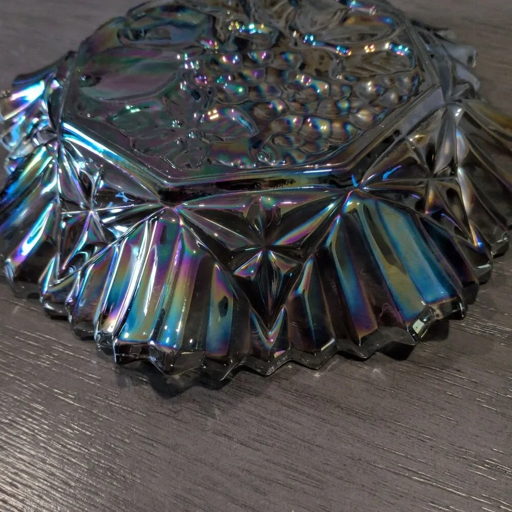 Vintage Federal Glass Pioneer Smoke Iridescent Carnival Glass Ruffled Fruit Bowl